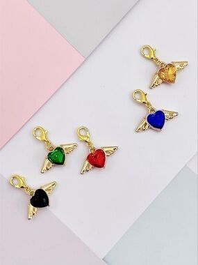 Lot of 5 Handcrafted Memorial Heart Angel Wings Pendant Crystal Heart Charms